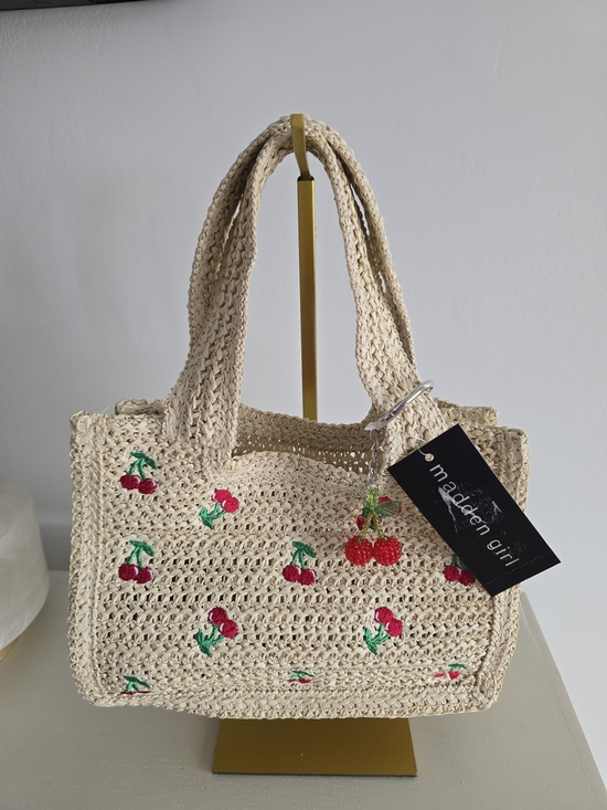 Madden Girl Handbags - Madden Girl Cream Crochet Tote with Cherry Embroidery